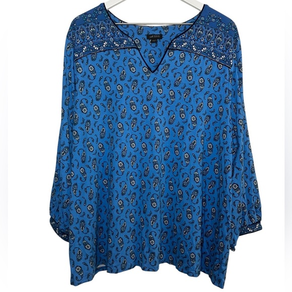 J. Jill Paisley Floral Blouse 2X Boho Balloon Sleeve Popover Top Mature Blue - Picture 1 of 6